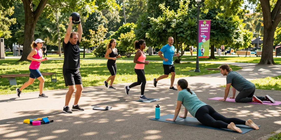 Unique Pharma Steroid Shop dynamic outdoor fitness training scene with diverse athletes showcasing strength and energy.