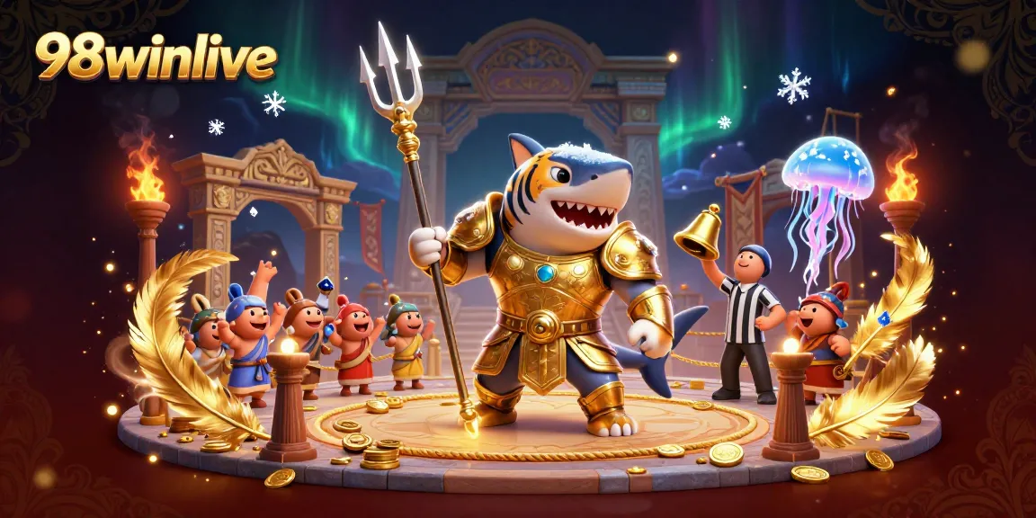 Experience vibrant gaming action at 98winlive with an underwater casino battle featuring a golden shark.