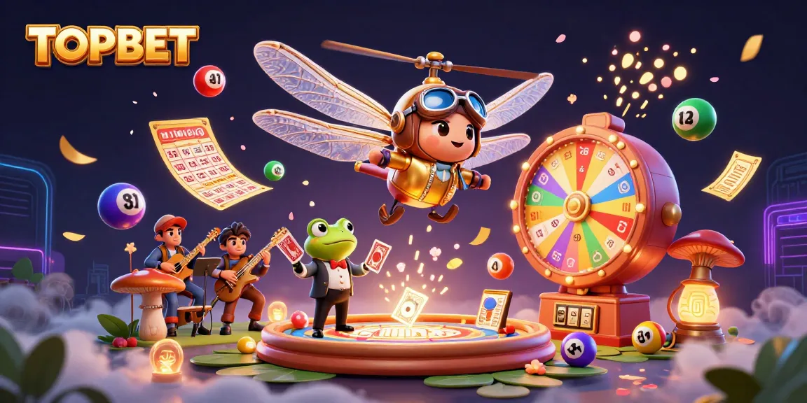 Experience the excitement at TOPBET with a whimsical casino scene featuring a dragonfly pilot and frog croupier.