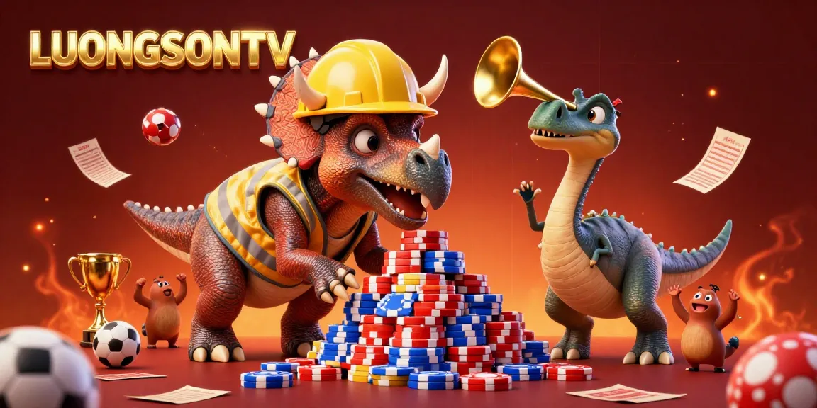 LUONGSONTV showcases vibrant sports betting elements with cartoon dinosaurs celebrating wins, creating an engaging gambling atmosphere.