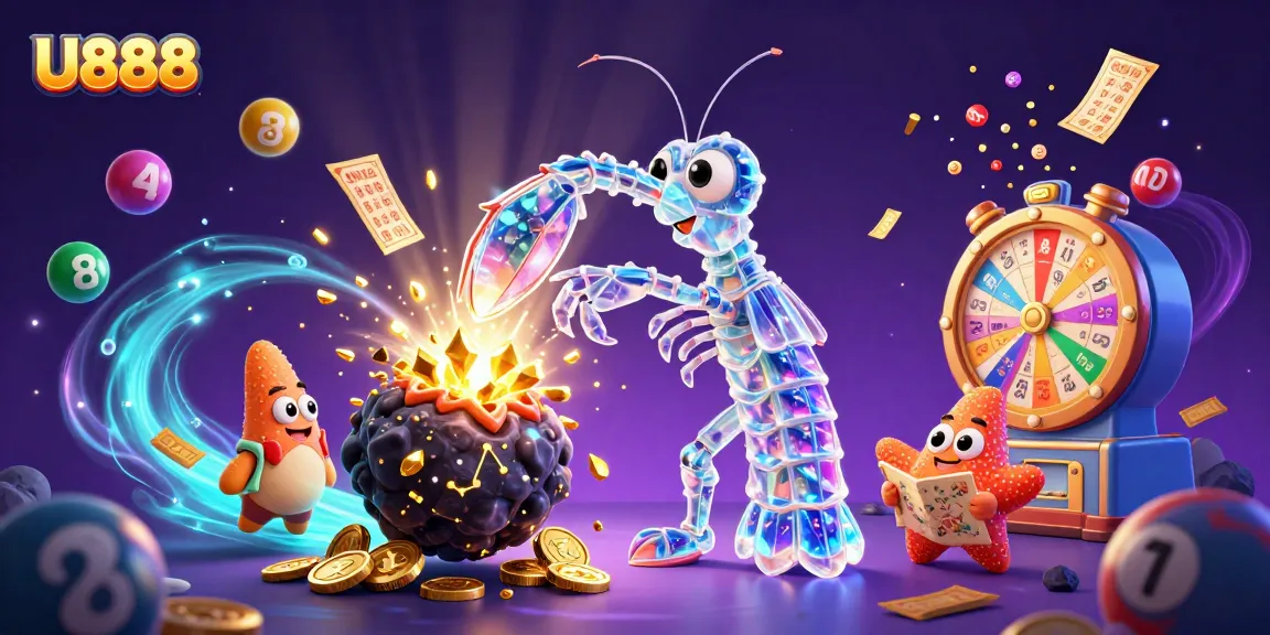 U888 features a galactic samurai mantis shrimp amidst a dynamic lottery scene, exploding with golden gems and coins.