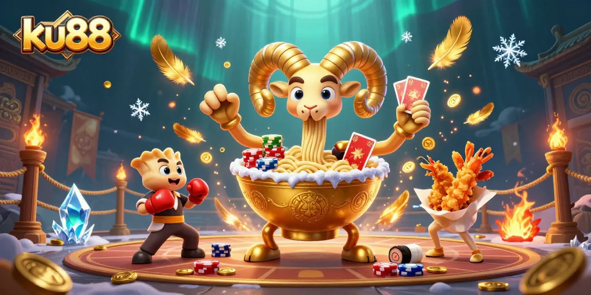 ku88 engages players with a vibrant illustration of a giant ramen bowl dealing cards amidst an exciting casino atmosphere.