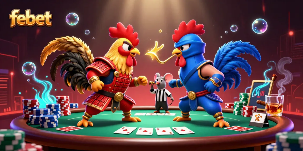 Experience thrilling bets at febet with dynamic poker action featuring cartoon roosters.