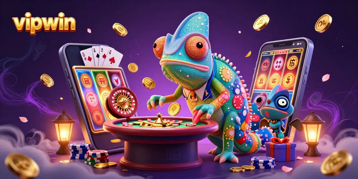 win big at vipwin with a vibrant digital chameleon in a casino scene