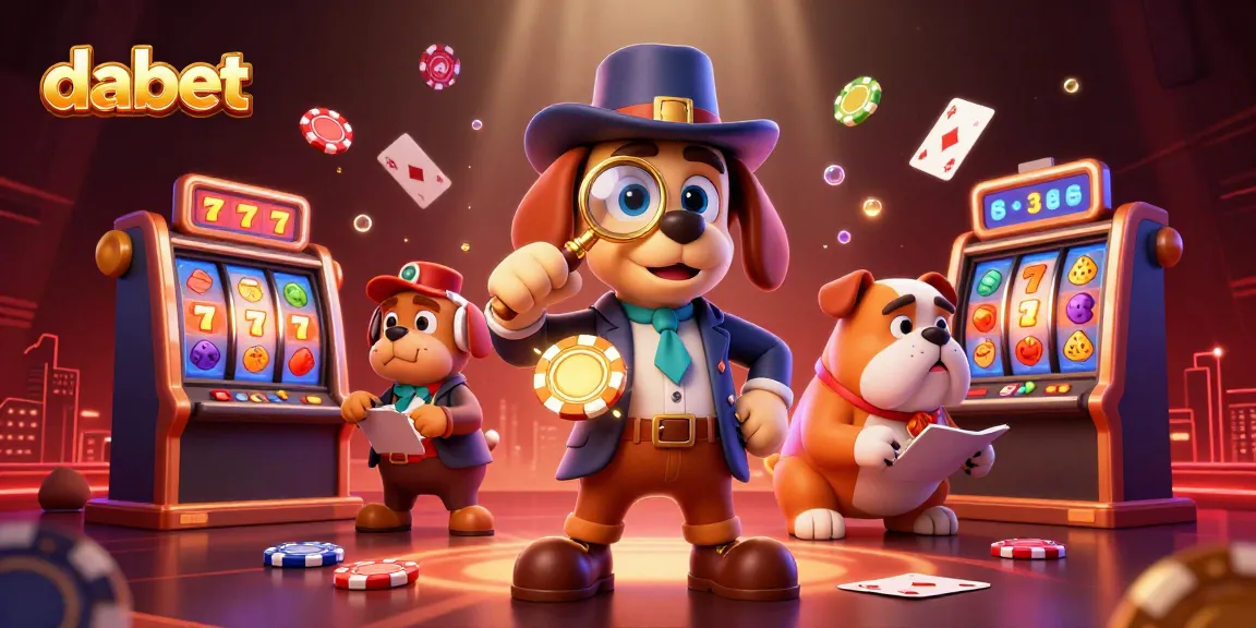 Dabet immerses players in vibrant casino action with cartoon detectives exploring gaming clues amid glowing poker chips.