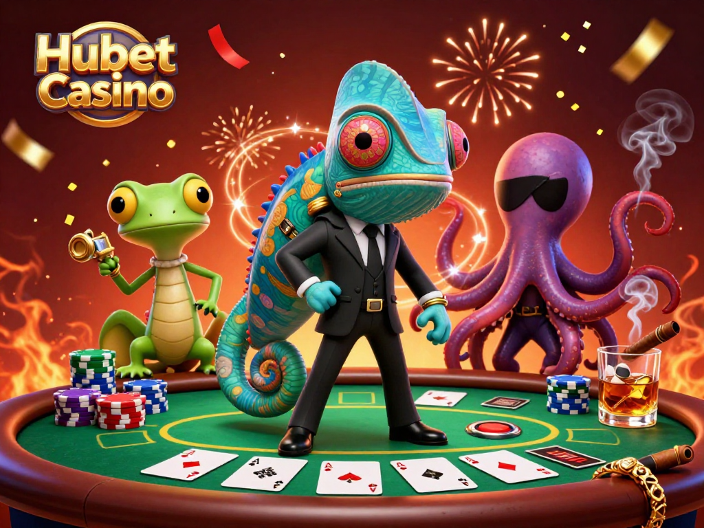Experience the thrills of Hubet Casino with a vibrant 3D depiction of a gambling scene featuring dynamic characters.