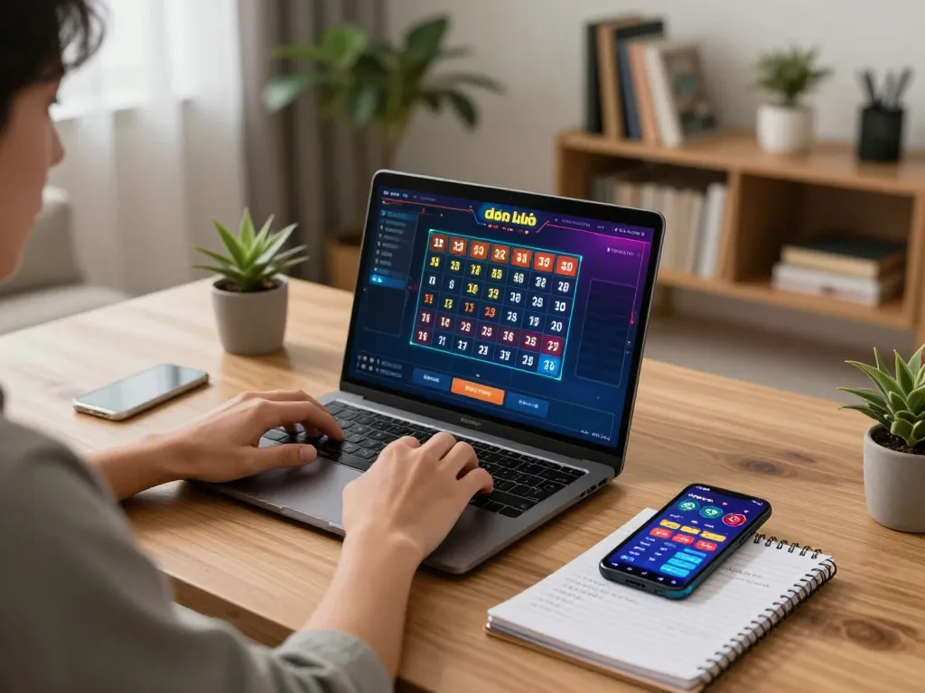 Player engaging in đánh lô online on a laptop in a cozy home setup, showcasing exciting betting interface
