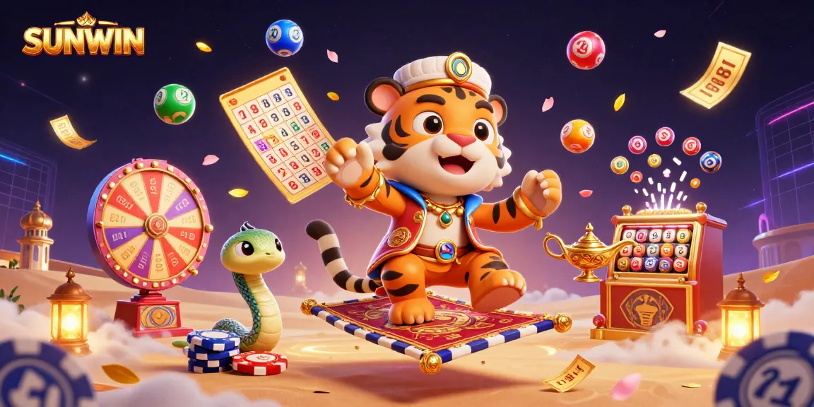 SUNWIN enhances excitement with a vibrant 3D casino scene featuring a tiger sultan and dynamic jackpot elements.