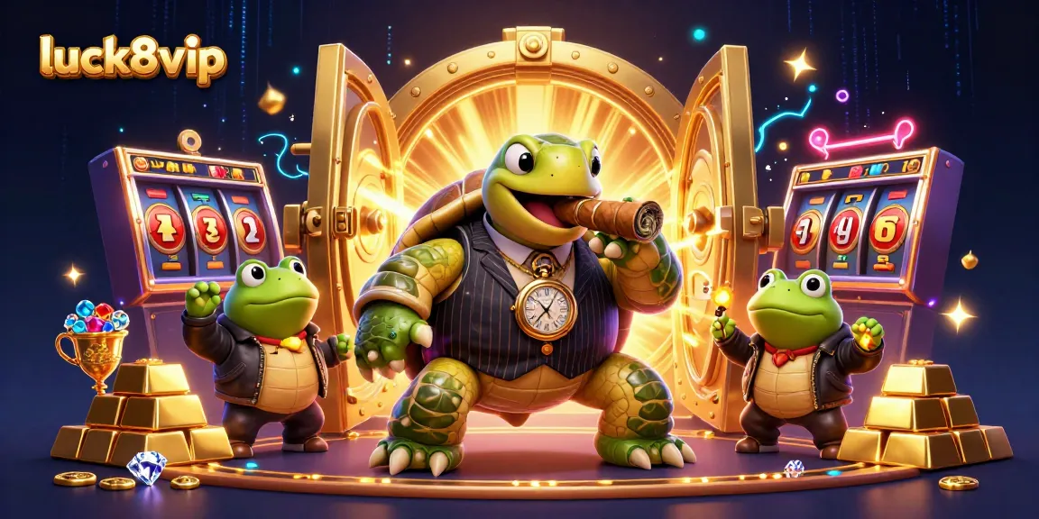 Experience thrill at luck8vip with a snapping turtle mobster and bullfrog enforcers amidst casino treasures.