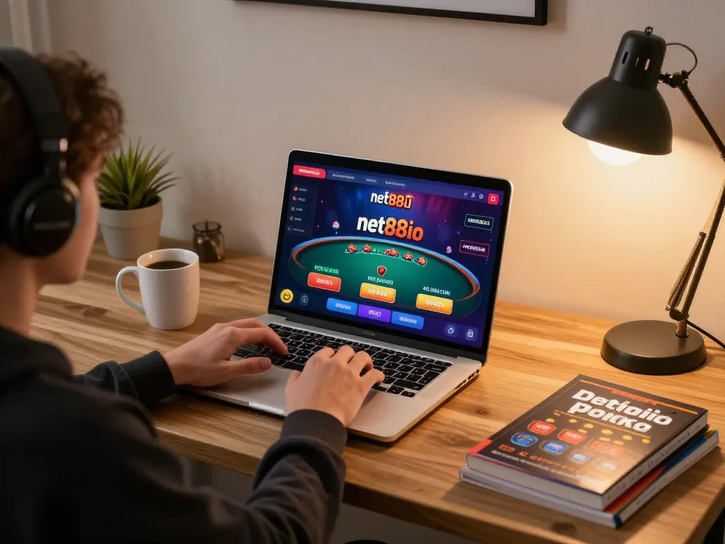 Engaging online gambling experience with net88io poker game on laptop.