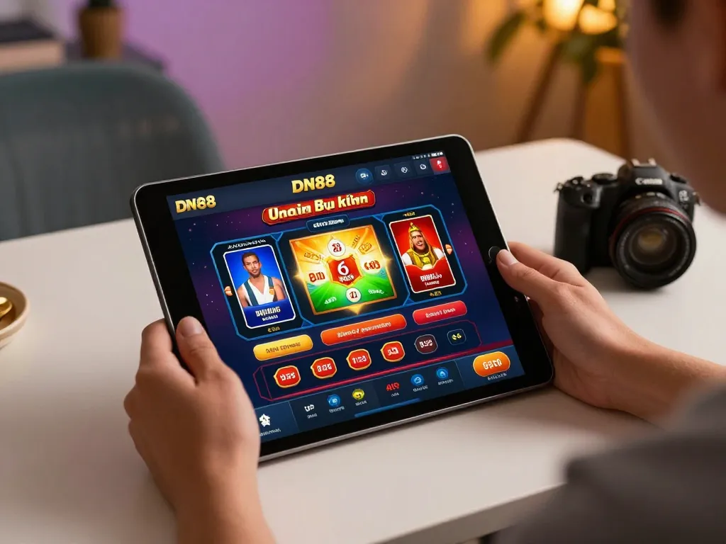 Engaging with DN88 trang chủ on a tablet, showcasing a vibrant online gaming experience.