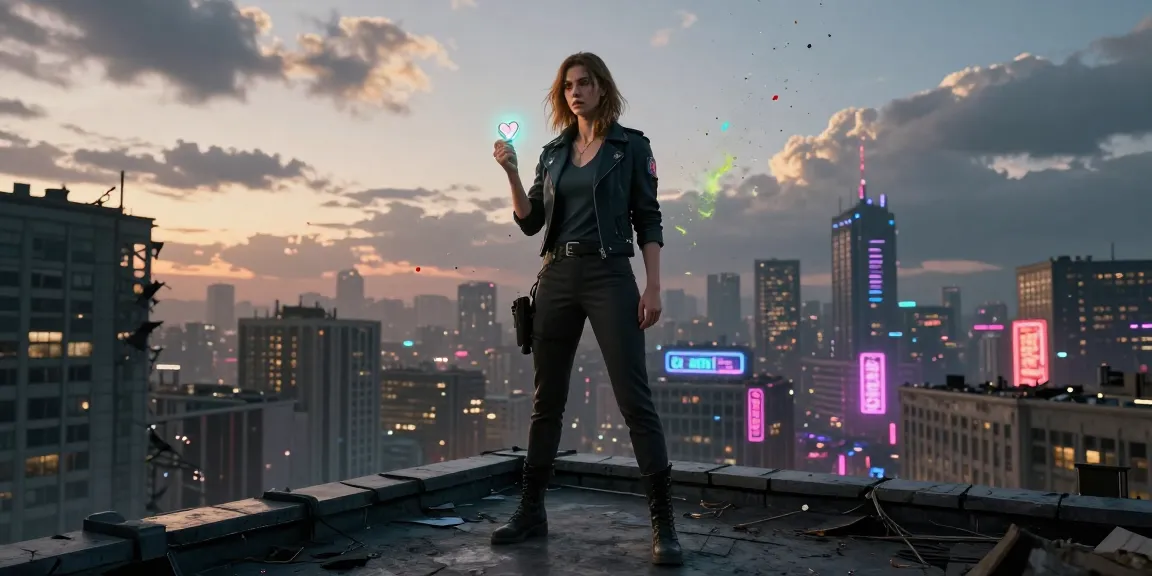 Emma Thorne in a dystopian fiction scene, overlooking a bleak cityscape filled with colorful emotions, symbolizing rebellion against oppression.