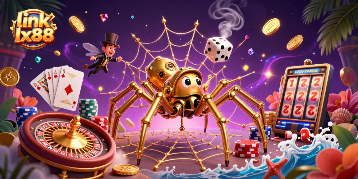 Catch winning opportunities at link lx88 with a dynamic 3D casino scene featuring golden spider and colorful game elements.