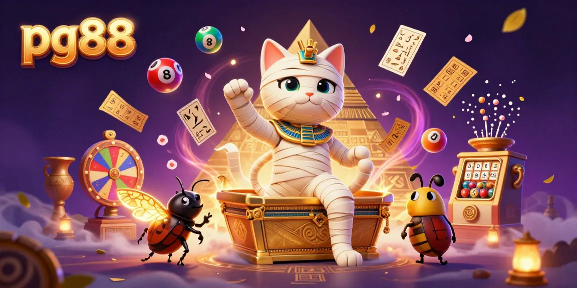 Engage with pg88's thrilling casino adventure featuring an Egyptian mummy cat and lottery excitement.