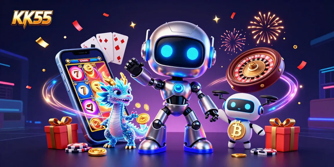 Spin slots and win big with KK55 in a vibrant casino scene featuring a cyberpunk robot mascot.