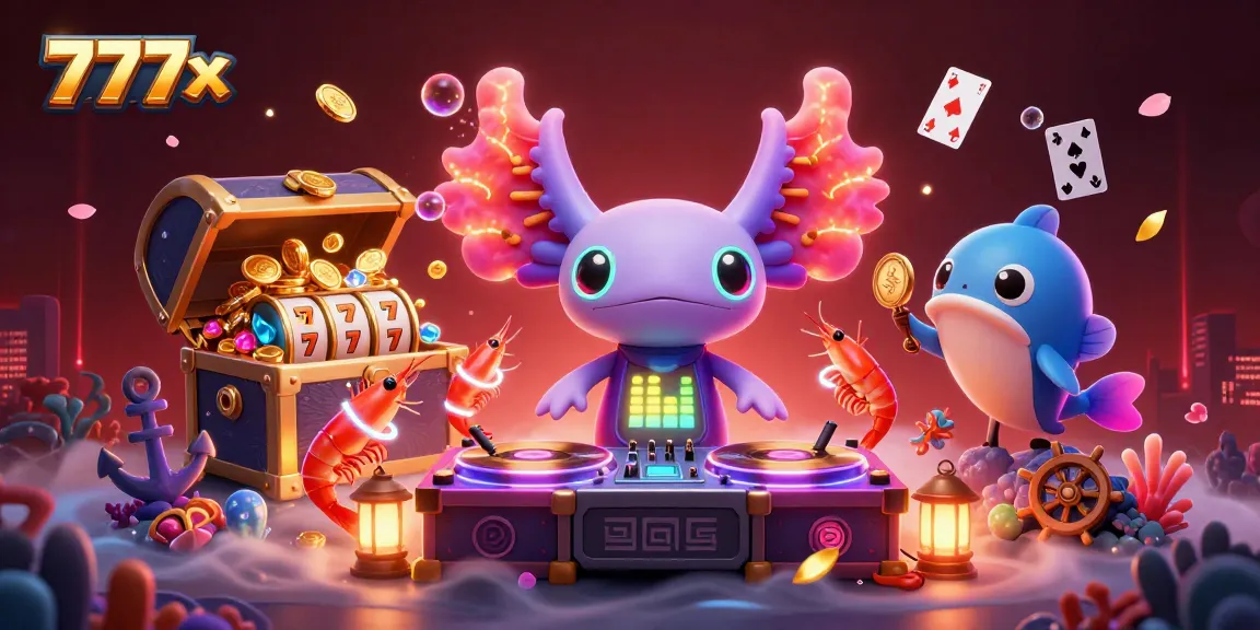 Experience the vibrant energy of 777x with this dynamic underwater casino scene featuring a DJ axolotl, dancing shrimp, and slot game elements.
