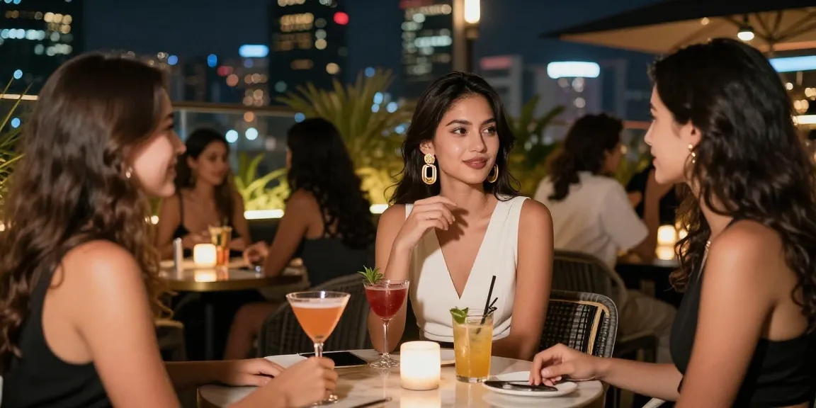 Hình ảnh gái gọi tại quán bar rooftop sang trọng, thể hiện phong cách và không khí vui vẻ.