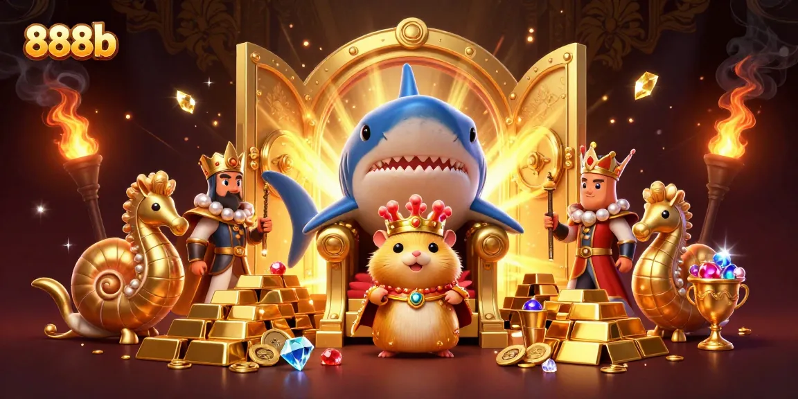 Bet on 888b and explore treasures with the golden hamster king in a dynamic casino scene.