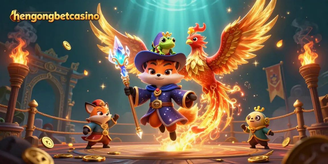 Experience thrilling gameplay with hengongbetcasino's mystical characters amidst fire and golden sparkles.