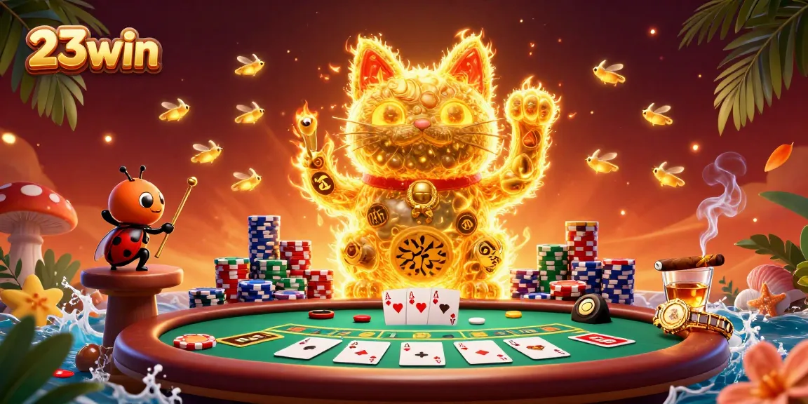 Experience the excitement of 23win with a vibrant illustration of a lucky cat amidst casino symbols.