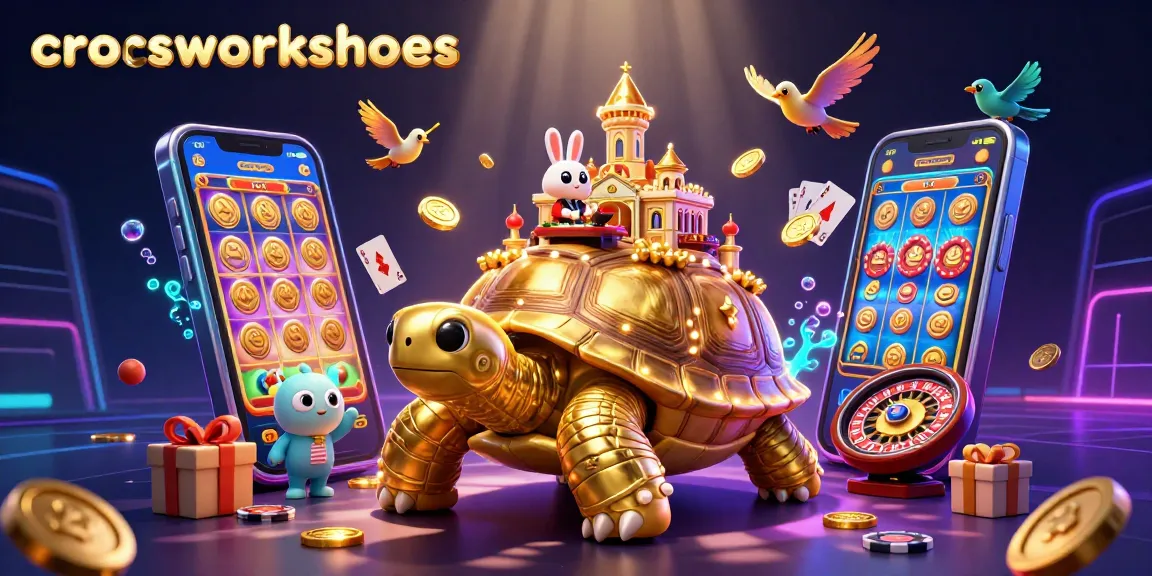 Crocsworkshoes promotes epic slot wins with a vibrant casino scene featuring a tortoise, dealer, and flying coins.