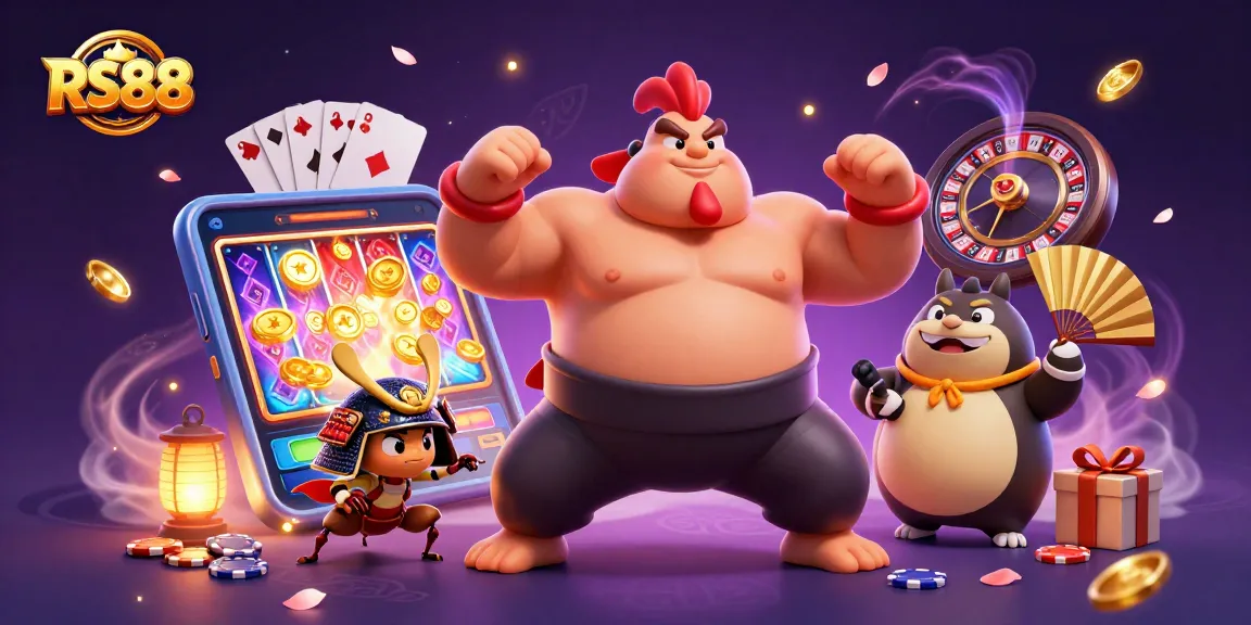 Experience RS88's vibrant games with a sumo wrestler and samurai cricket in a casino setting.