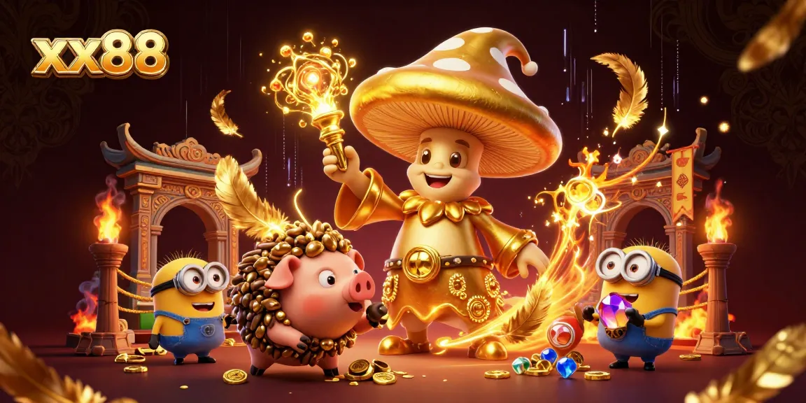 Engage in xx88's thrilling gameplay with a golden wizard and treasure-hunting characters.