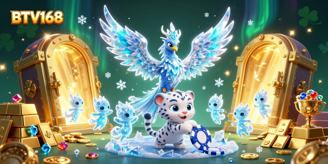 BTV168 thrills with vibrant ice-themed casino illustration showing energetic characters and gold treasures