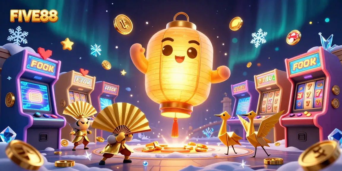 Experience the vibrant world of FIVE88 with a magical night market casino scene filled with lucky symbols and colorful games.