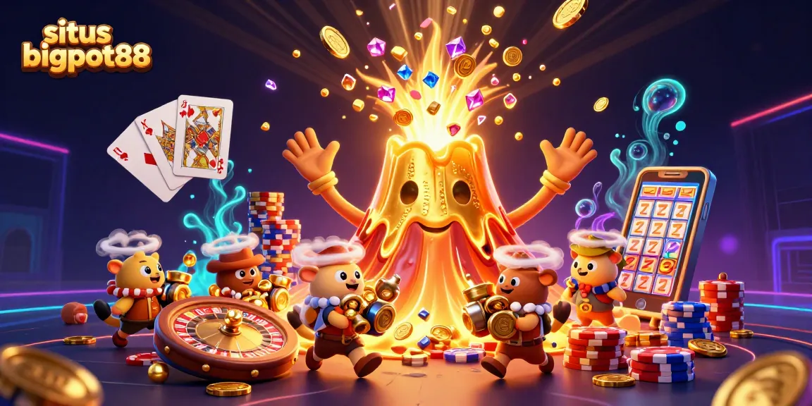 Experience the excitement at situs bigpot88 with a vibrant gold volcano erupting coins and treasures!