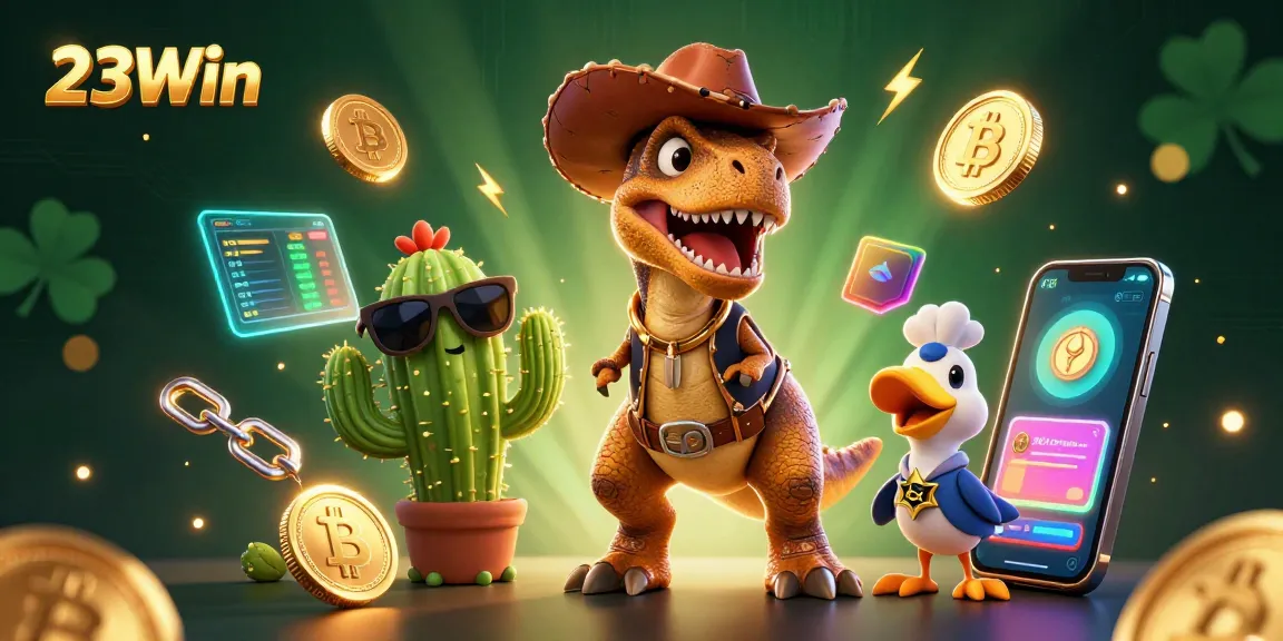 Experience the thrill of 23Win with a dynamic 3D casino scene featuring a cowboy dinosaur, cactus sidekick, and roadrunner.