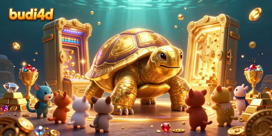 Budi4d's incredible illustration features a colossal tortoise pinball machine amidst gold treasures, capturing gamblers' excitement.