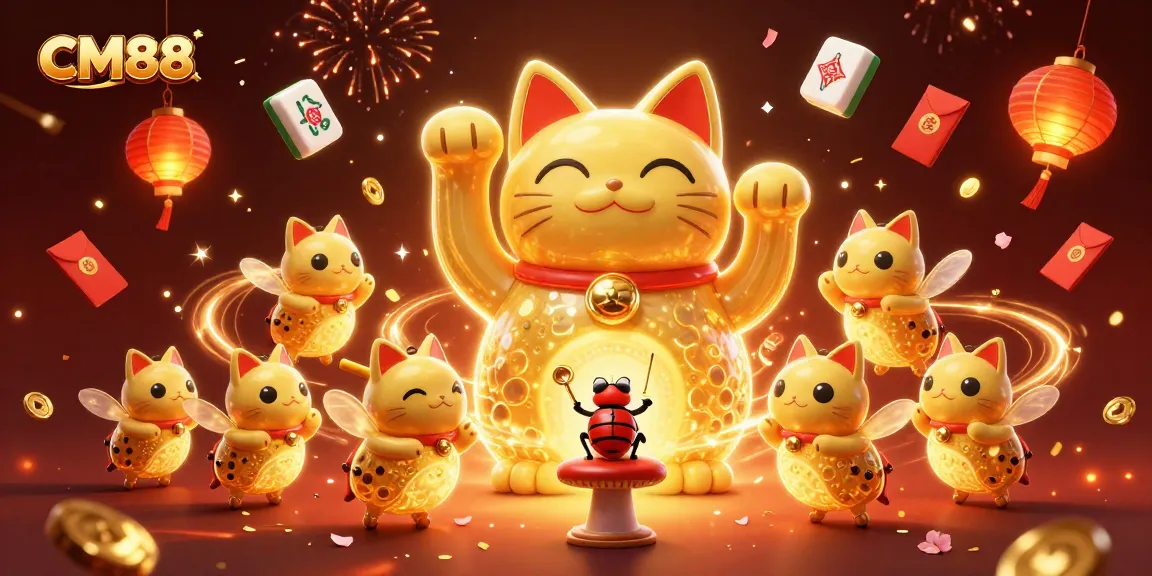 Engage with CM88's gaming magic featuring a golden lucky cat and casino symbols amidst festive elements.