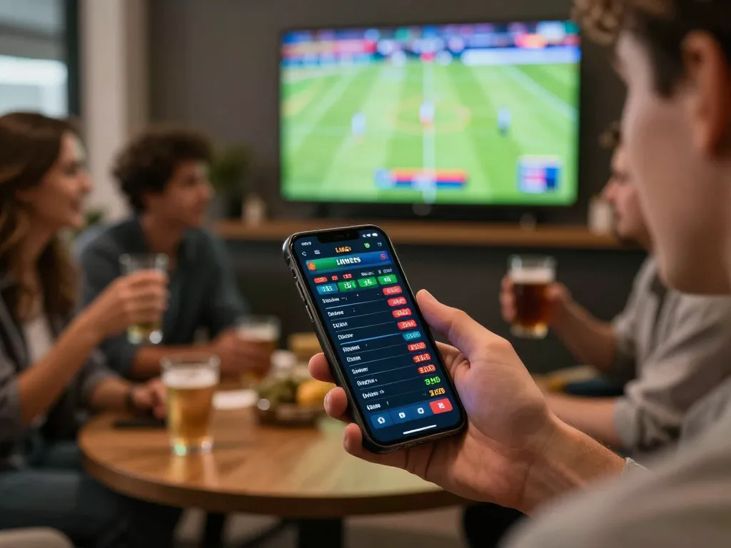 11win sports betting scene with smartphone showing live odds and friends engaged in strategy discussion.