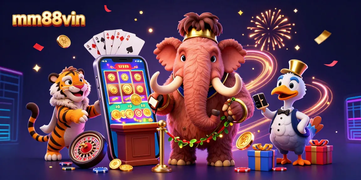 Experience the excitement at mm88vin with a vibrant 3D casino scene showcasing unique characters and games.