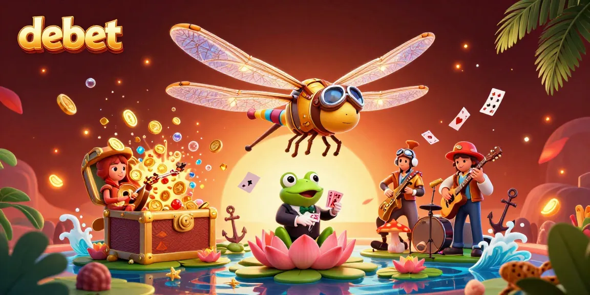 Engage in thrilling card games at debet's vibrant casino scene, showcasing a dragonfly pilot and frog croupier.