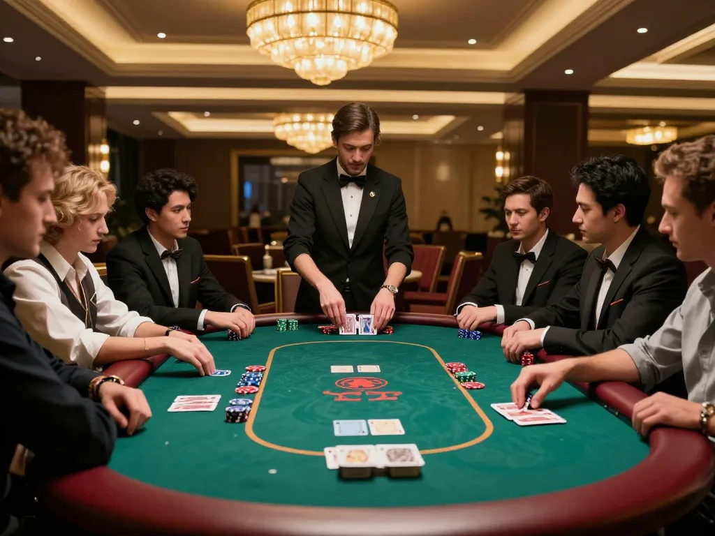 Players strategizing their bets in an engaging poker game at OKFUN casino, highlighting the luxurious atmosphere and exciting gameplay.