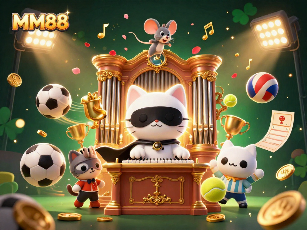 Engage with MM88's vibrant 3D casino illustration showcasing sports betting and casino elements.