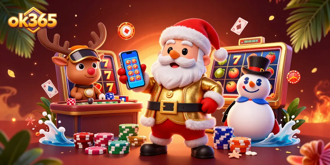 Spin, win, and enjoy the thrills at ok365 with Santa and friends in a lively casino scene.