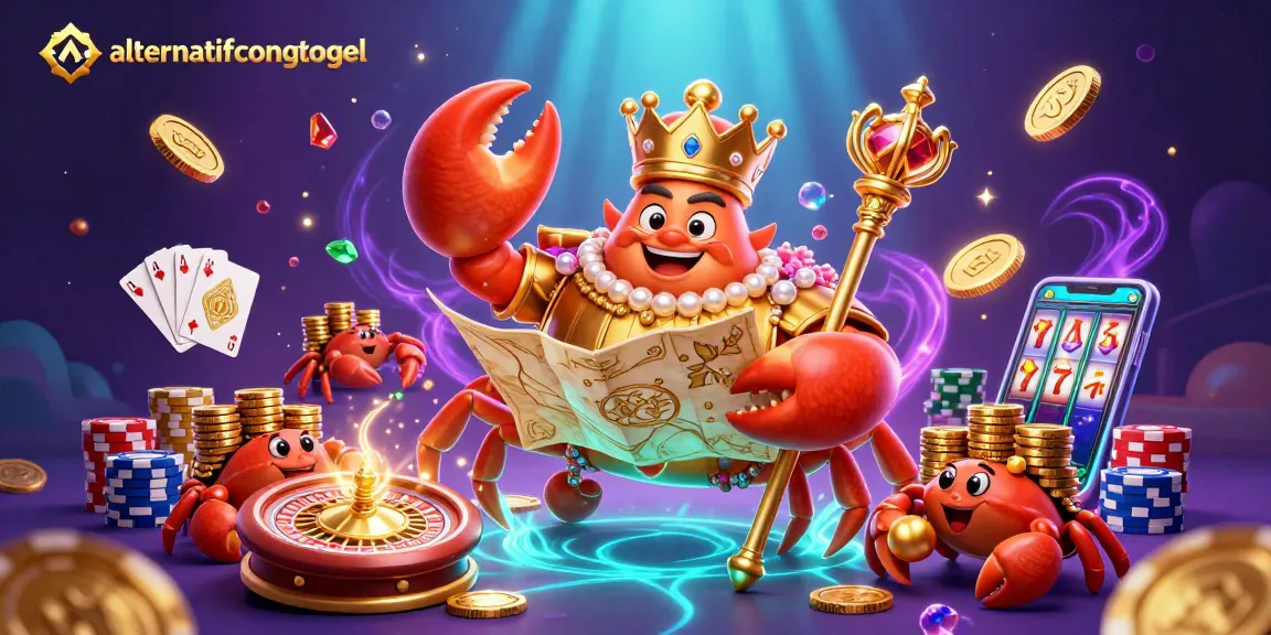 Engage with alternatifcongtogel's vibrant 3D casino scene featuring a golden crab emperor amidst dazzling gems and golden chips.