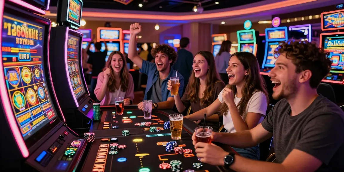 Suasana kasino yang ceria dengan teman-teman menikmati permainan slot gacor.