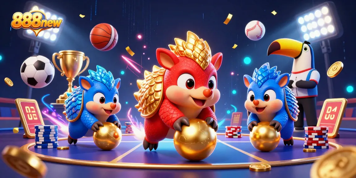 Engage with 888new while rival pangolins compete in a thrilling casino game surrounded by dynamic sports elements.