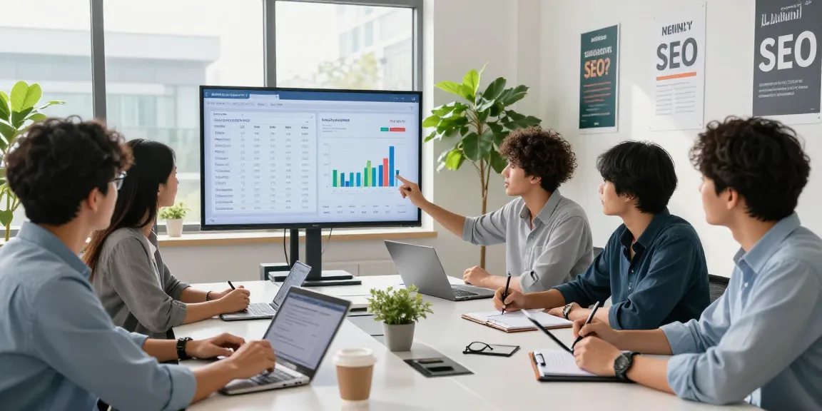 SEO specialists collaborating in a professional office setting, focused on monthly SEO packages and data analysis.