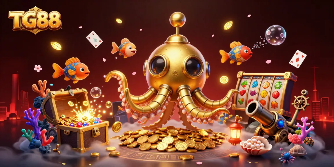 Experience thrilling gameplay with TG88's golden kraken submarine amidst slot reels and casino elements.