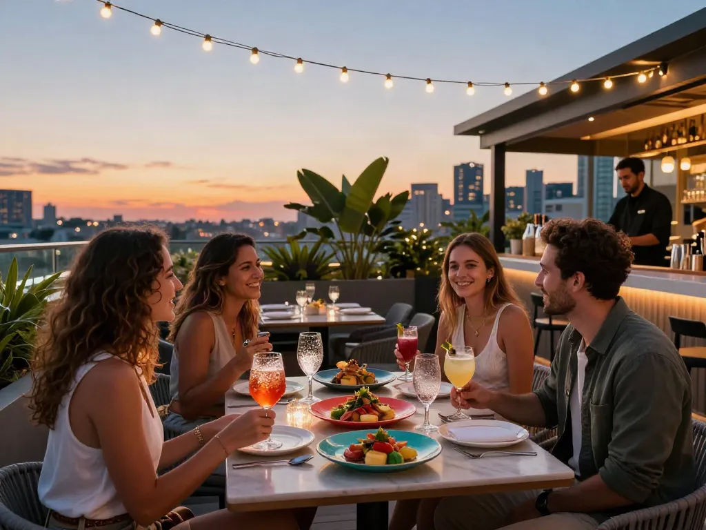 Group enjoying cocktails and gourmet food at NoHu Rooftop, vibrant city skyline.