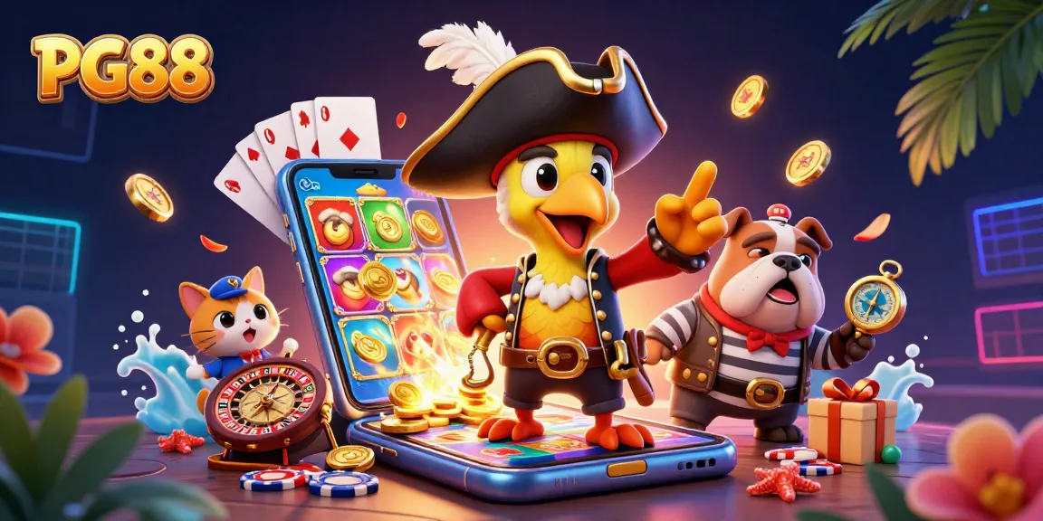 Engage with PG88's thrilling online casino experience featuring vibrant slots, pirate characters, and vibrant game elements.