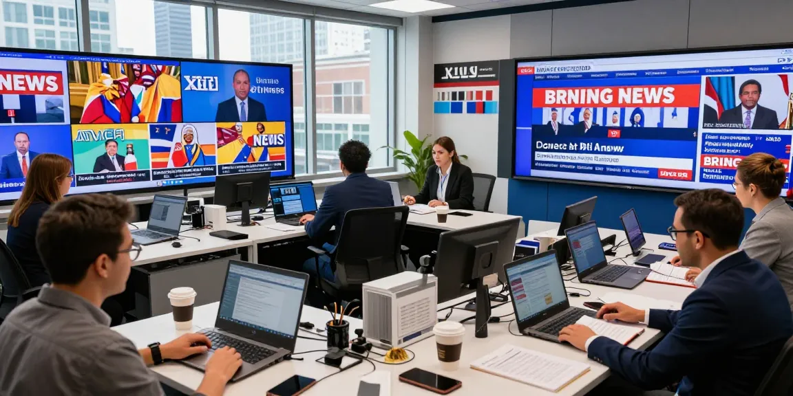 Dynamic newsroom environment at https://www.theindaily.com with journalists collaborating on breaking news stories.