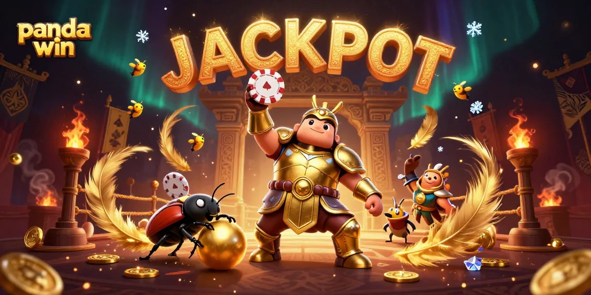 Panda win scene showcasing a victorious beetle lifting a poker chip, surrounded by gold coins.