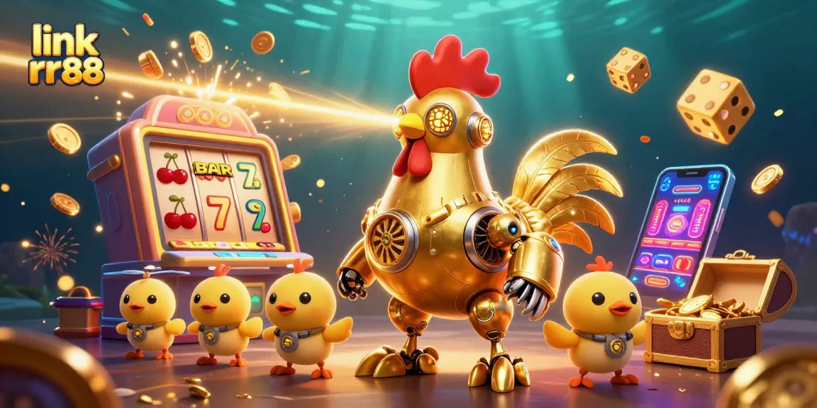 Engage in gaming excitement with link rr88 as a golden rooster robot unleashes jackpots and vibrant casino elements.