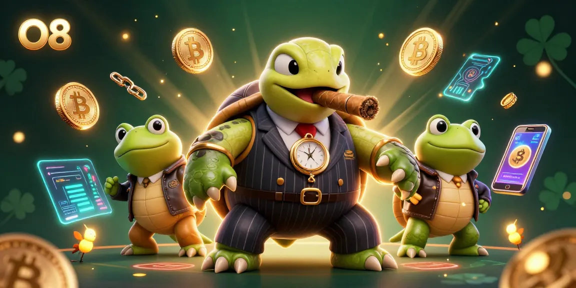 Engage with the vibrant world of O8, where a snapping turtle and bullfrog enforcers illuminate the casino lights and crypto excitement.